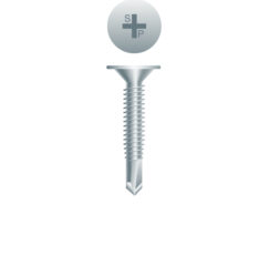 Picture of a screw with a drilling point for plywood to metal use. Size #10 x 1-1/4". Zinc Plated