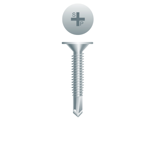 Picture of a screw with a drilling point for plywood to metal use. Size #10 x 1-1/4". Zinc Plated