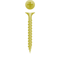 Picture of a screw, outdoor, for wood to wood use. Size #6 x 1-1/4", Zinc Yellow.