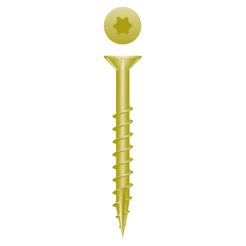 Picture of a screw, outdoor, for wood to wood use. Size #10 x 3-1/2", Zinc Yellow.