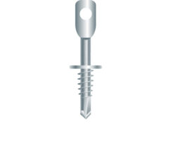 A silver screw with a hole in the center.