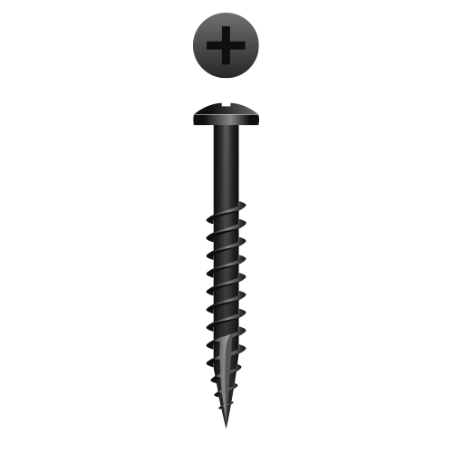 Picture of a screw, Woodworking, for wood to wood cabinet framing assembly use. Size #6 x 1-1/2", Black Oxide.